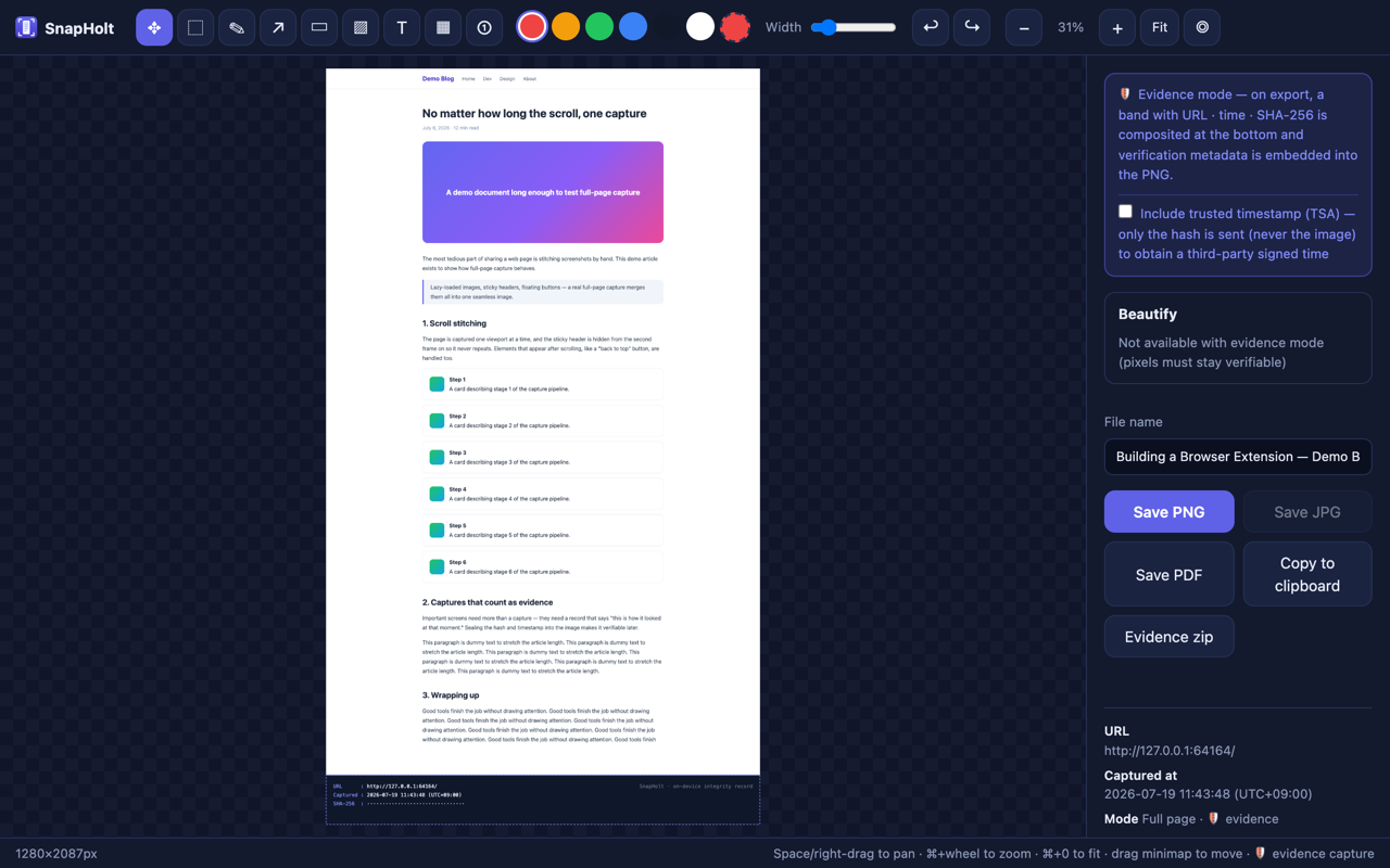 SnapHolt editor with a full-page capture and integrity record band